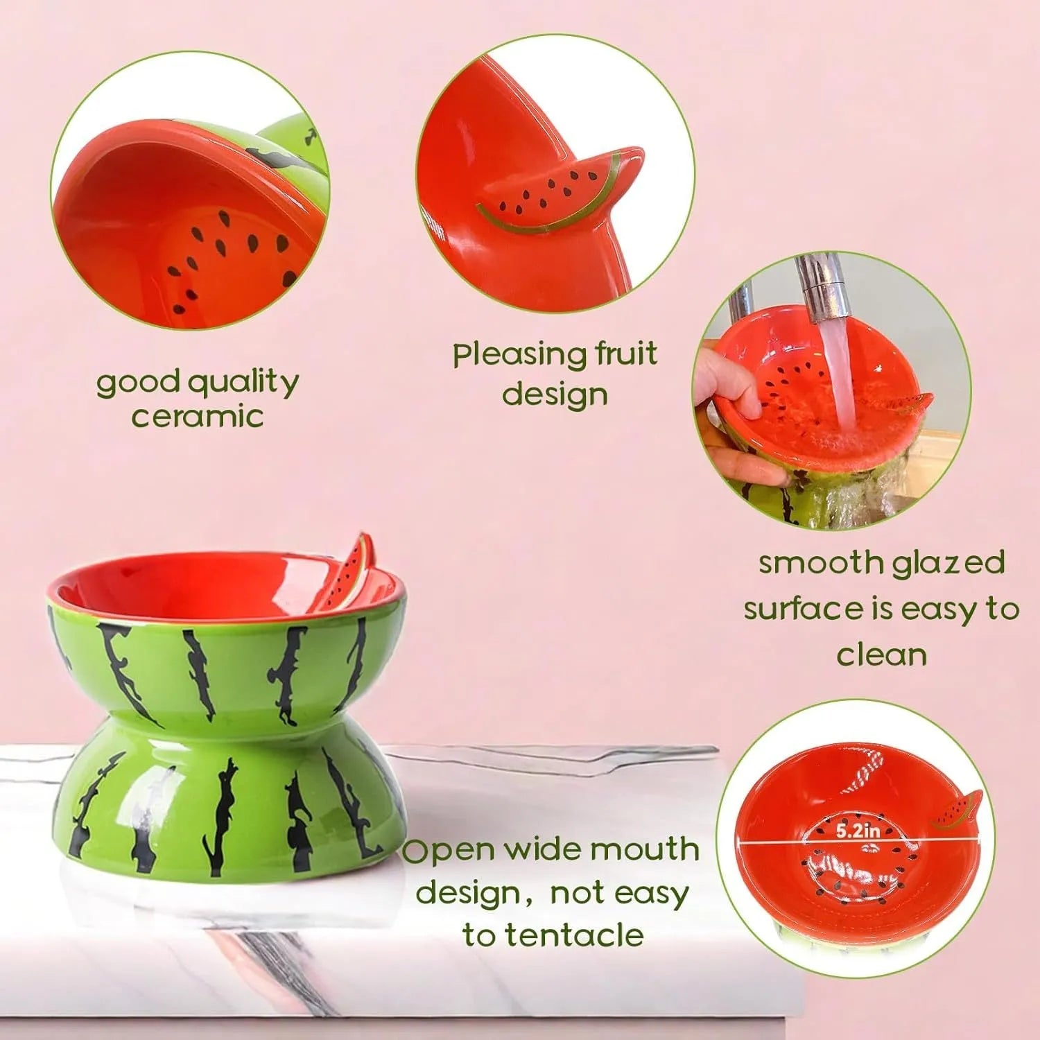 Ceramic raised cat bowl with tilted design in fruit pattern, elevated feeding dish for cats and small dogs
