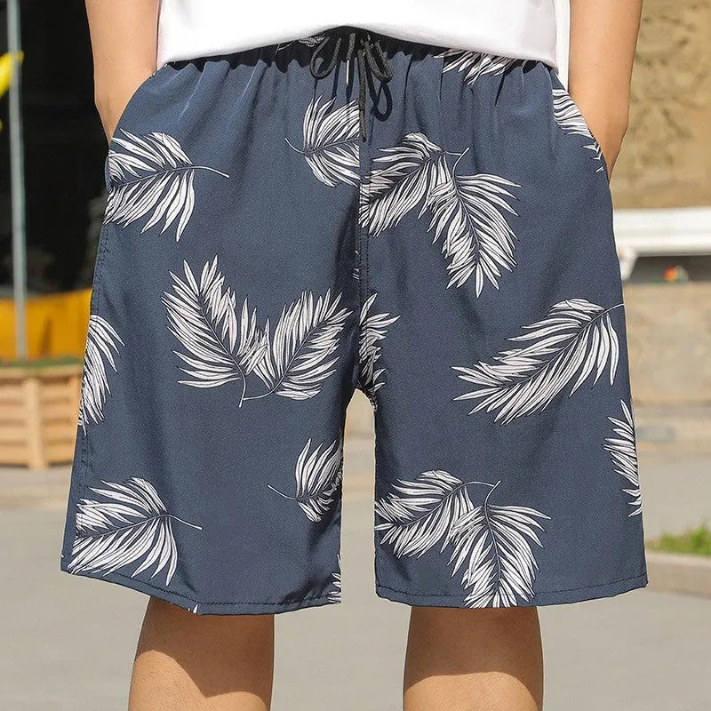 Men's striped floral printed ice silk beach trousers loose casual cut