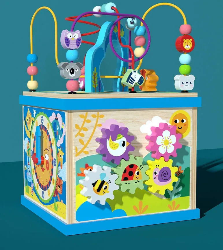 Blue wooden bead treasure box toy with multifunctional scenes for children's development