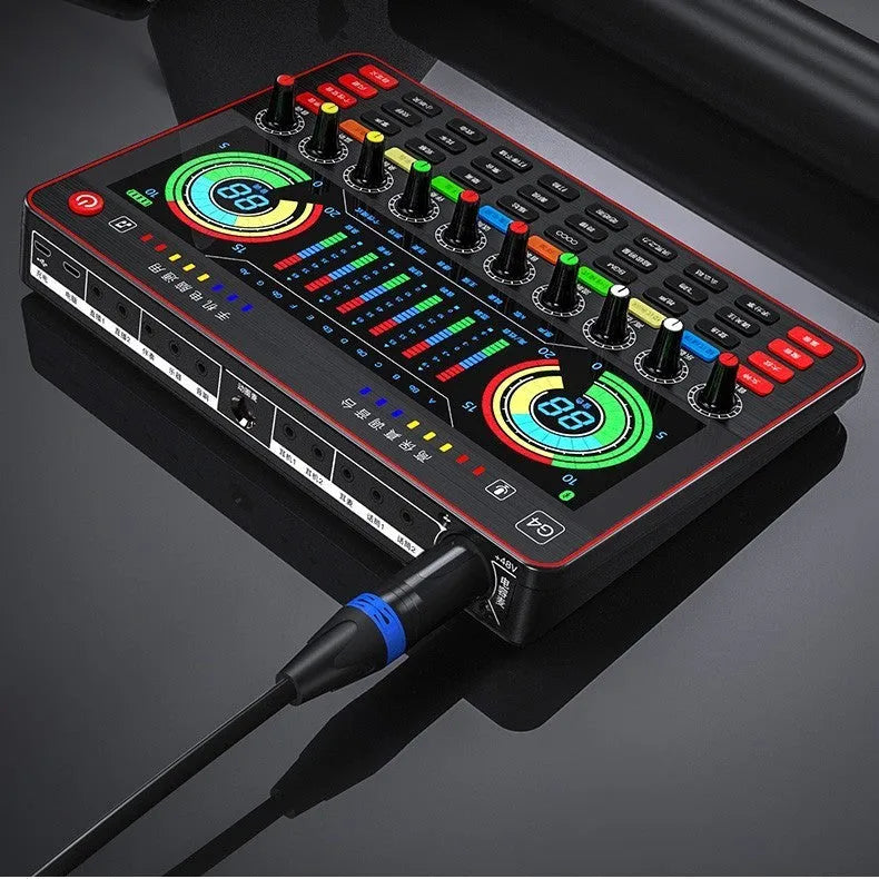 G4 professional live sound card mixer with colourful LCD screen and microphone on a desk.