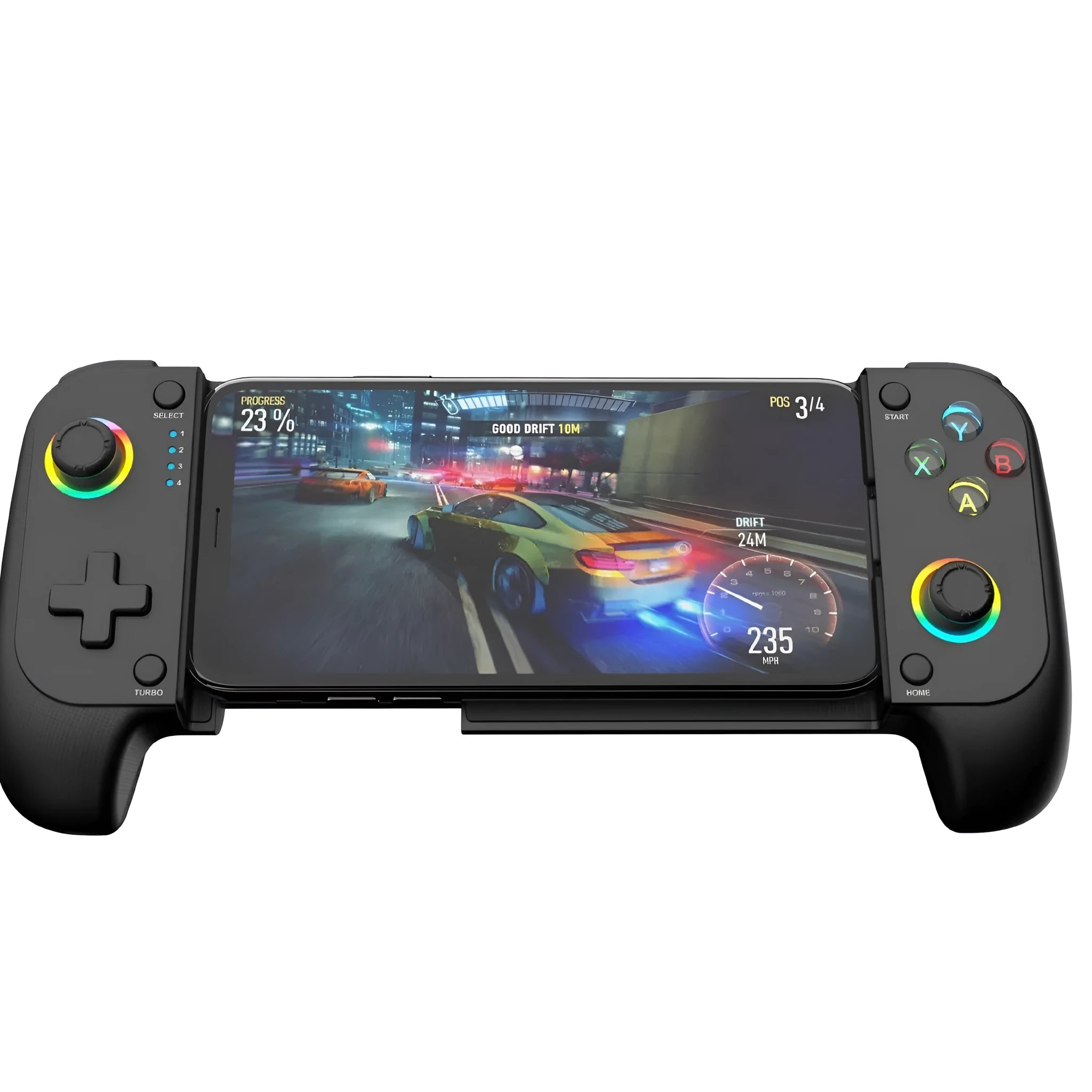 Black Bluetooth wireless game controller for mobile phones shown next to a smartphone