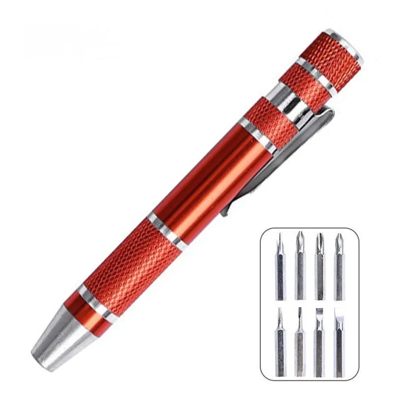 8-in-1 aluminium alloy pen-type screwdriver set with multiple coloured handles and chrome vanadium steel bits