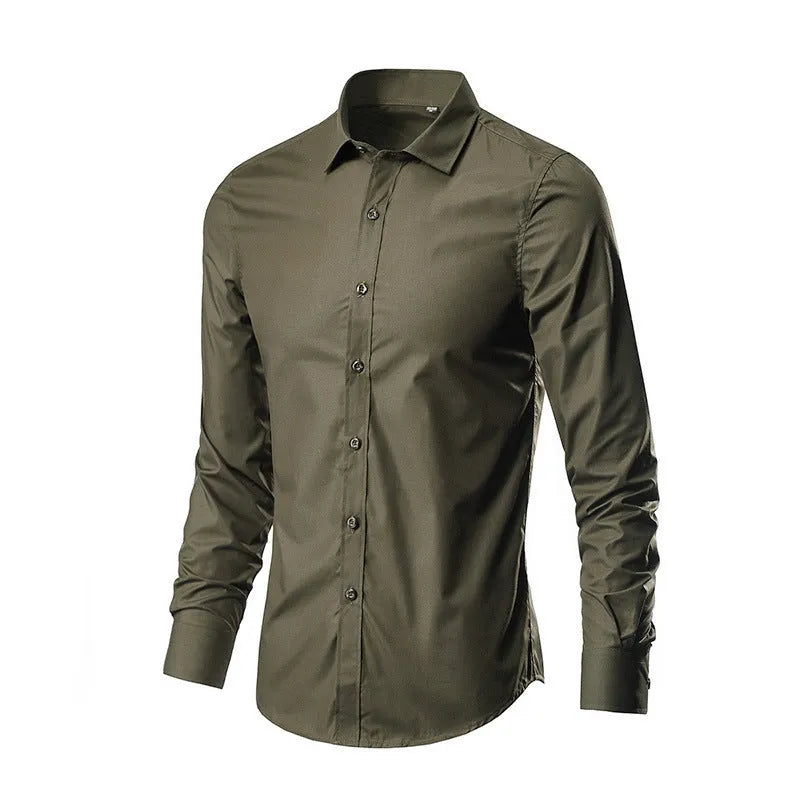 Men's loose fit long-sleeve linen shirt on a hanger, shown in a light colour.