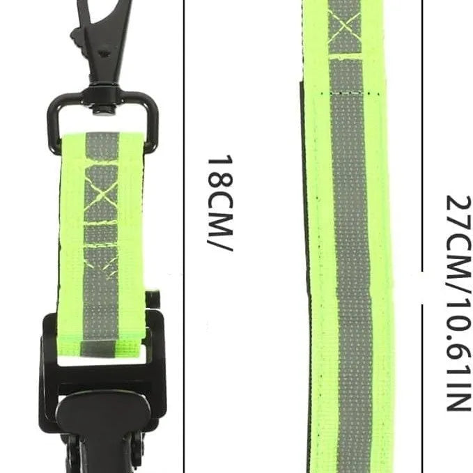 Fluorescent green universal safety clamp with metal buckle for fireman gloves.