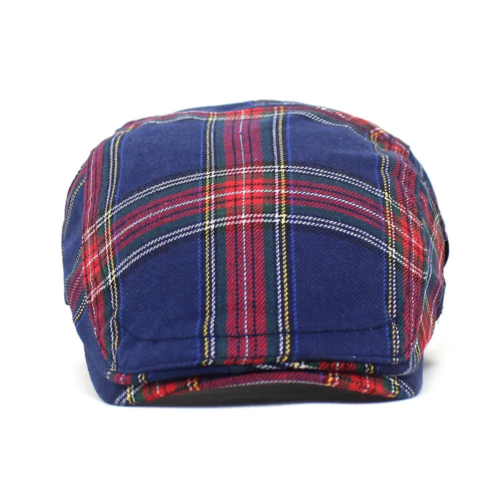 Retro plaid beret with dome crown and curved brim in red colour for adult men and women