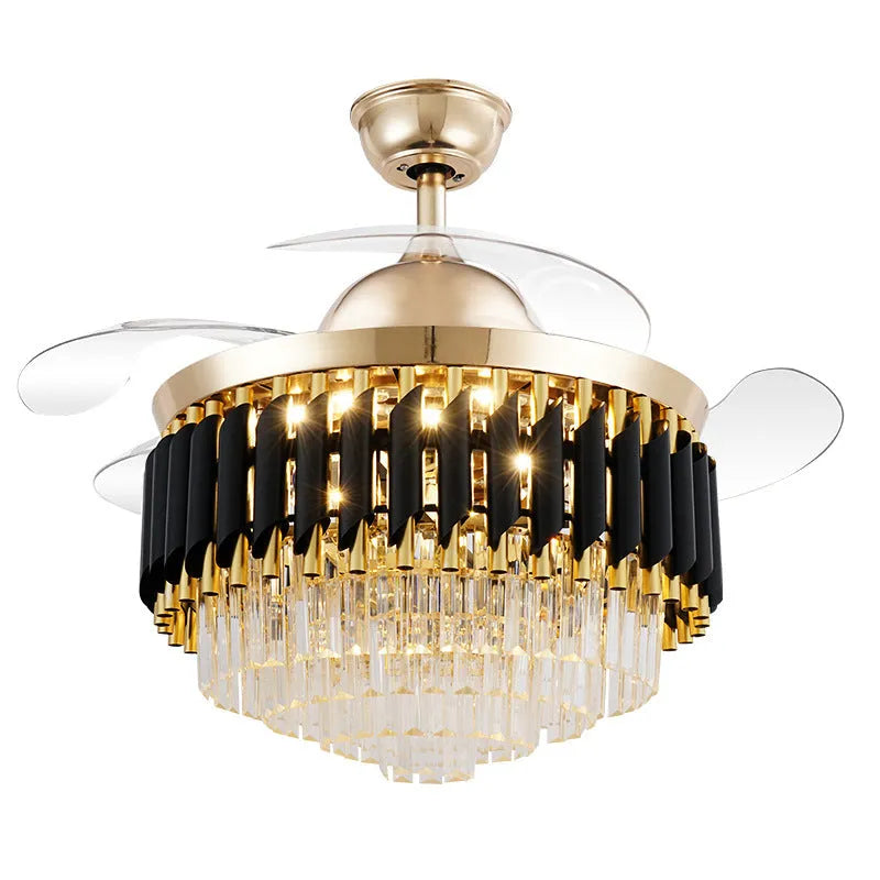 Crystal chandelier style ceiling fan with integrated LED light and remote control on a white ceiling.