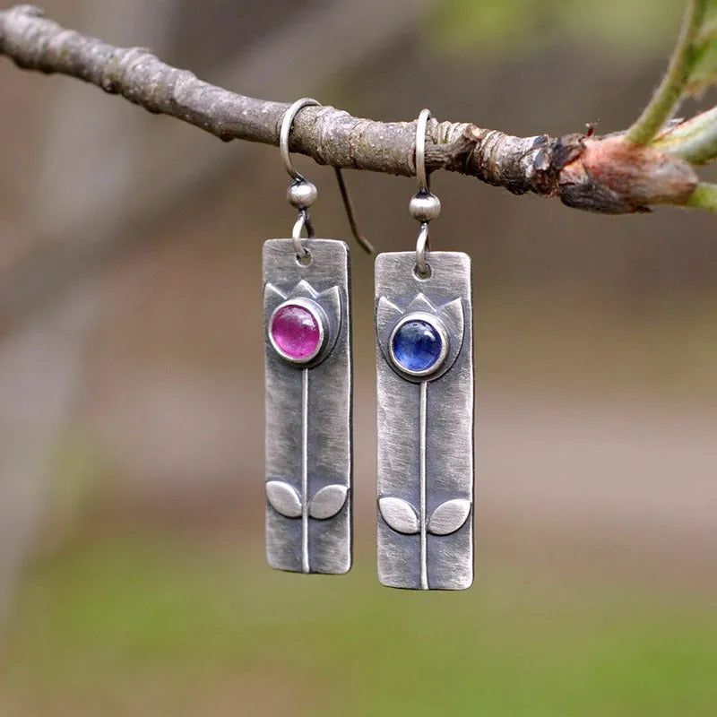 Antique finish red sapphire geometric earrings with ellipse shape for women
