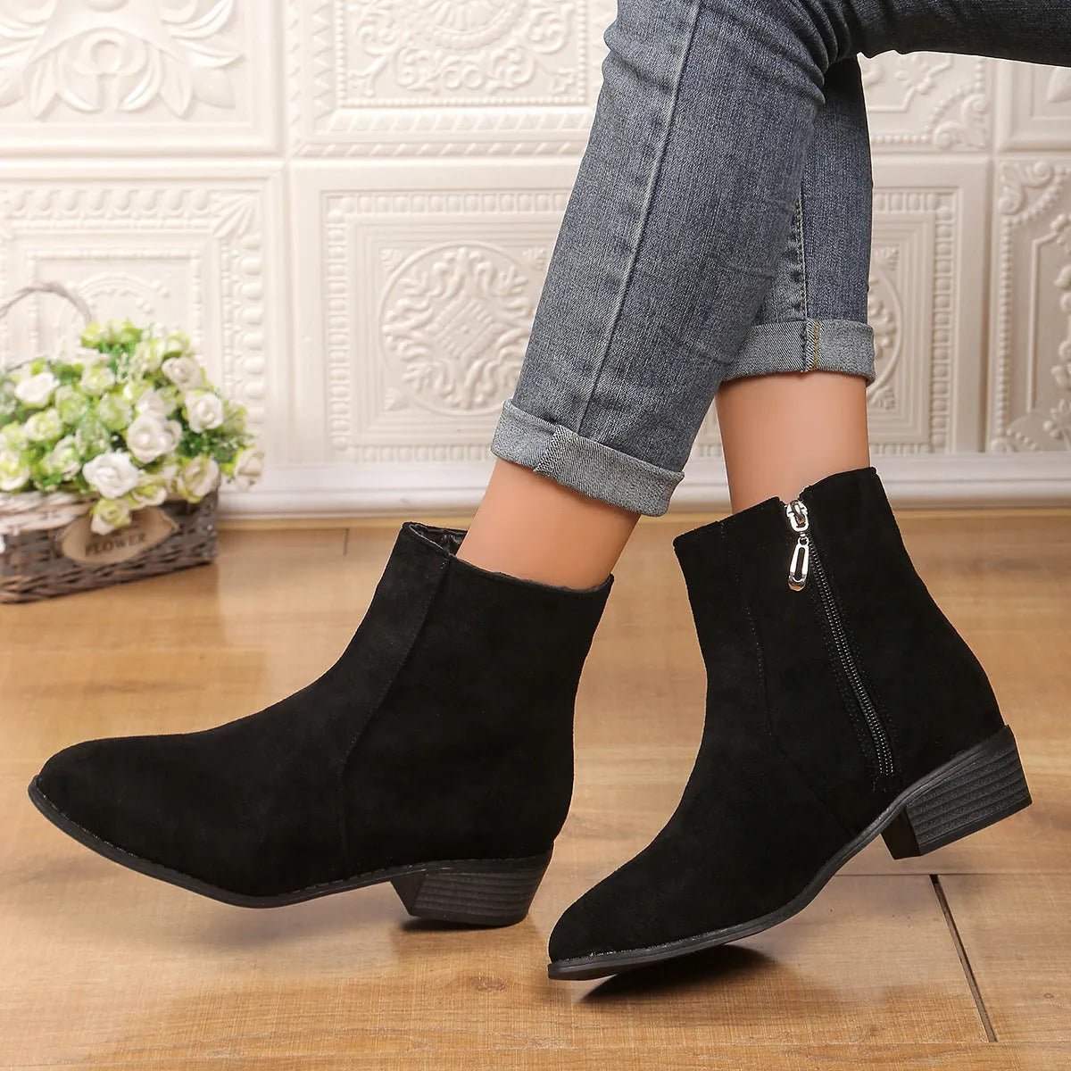 Suede Dr Martens short women's boots with chunky heel, side zipper, pointed toe, in black brown dark green