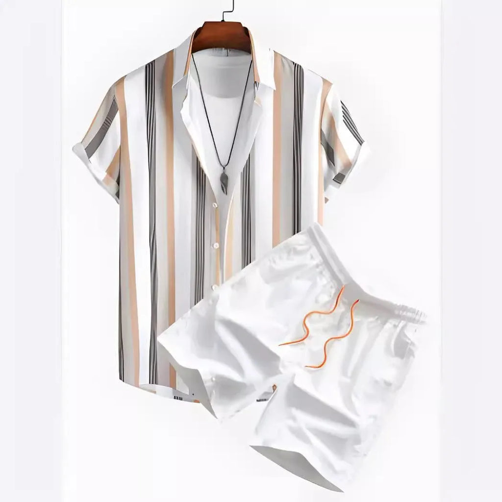 Black and white striped Hawaiian men's pullover shirt and shorts set on a model, loose fit, short sleeves.