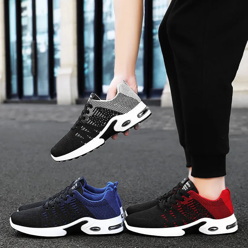 Men's low-top casual sneakers in black and blue with Flyknit mesh upper and lace-up front.