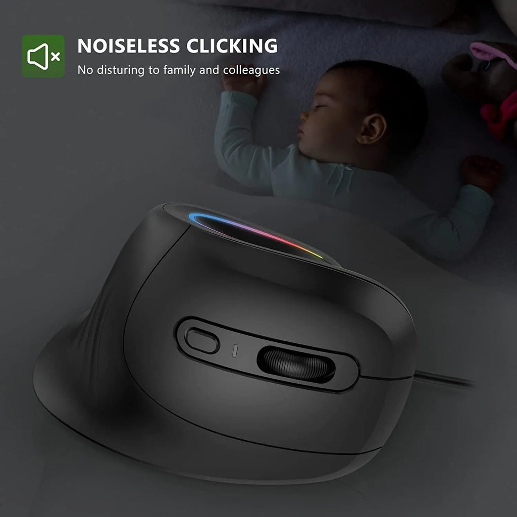 Black vertical Bluetooth mouse with RGB lighting, USB receiver, and charging cable on desk