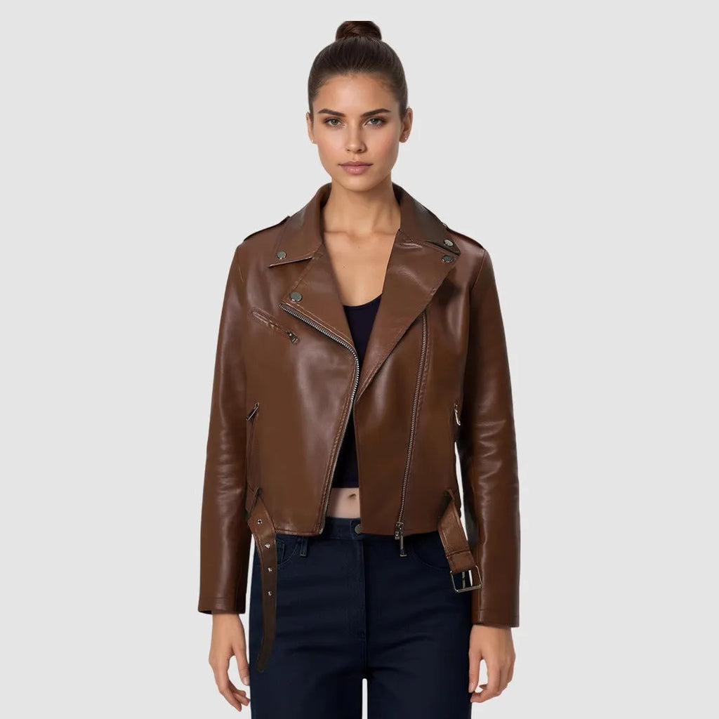 Women's red PU leather motorcycle jacket with lapel collar and a short waist belt.