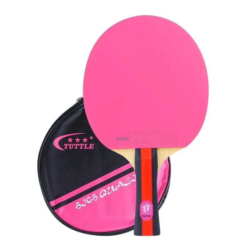 Table tennis racket with protective cover in choice of pink, blue or green colours with long handle shakehand grip