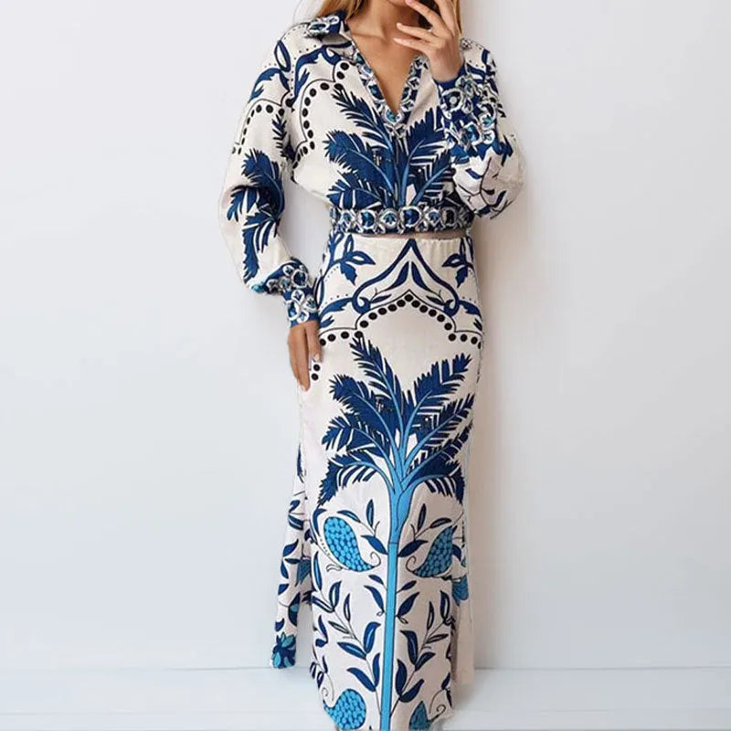 Early spring casual fashion set with long sleeve blouse and long skirt in picture colour