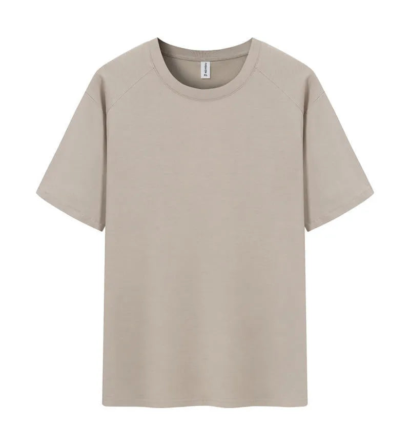 Men's pure cotton straight cut short sleeve t-shirt on a hanger, shown in multiple solid colour options.