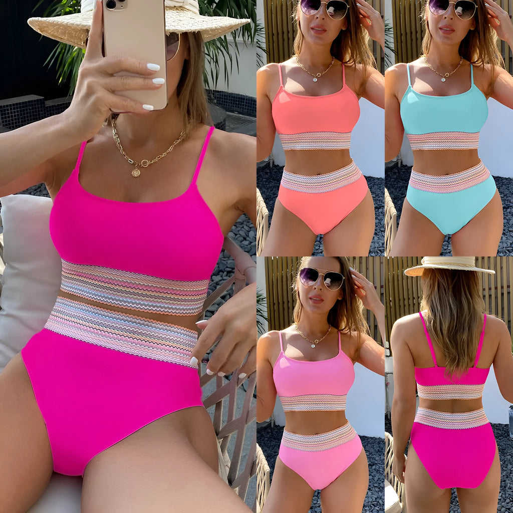 Split triangle high waist pure colour strap bikini set in cyan with nylon fabric and polyester lining