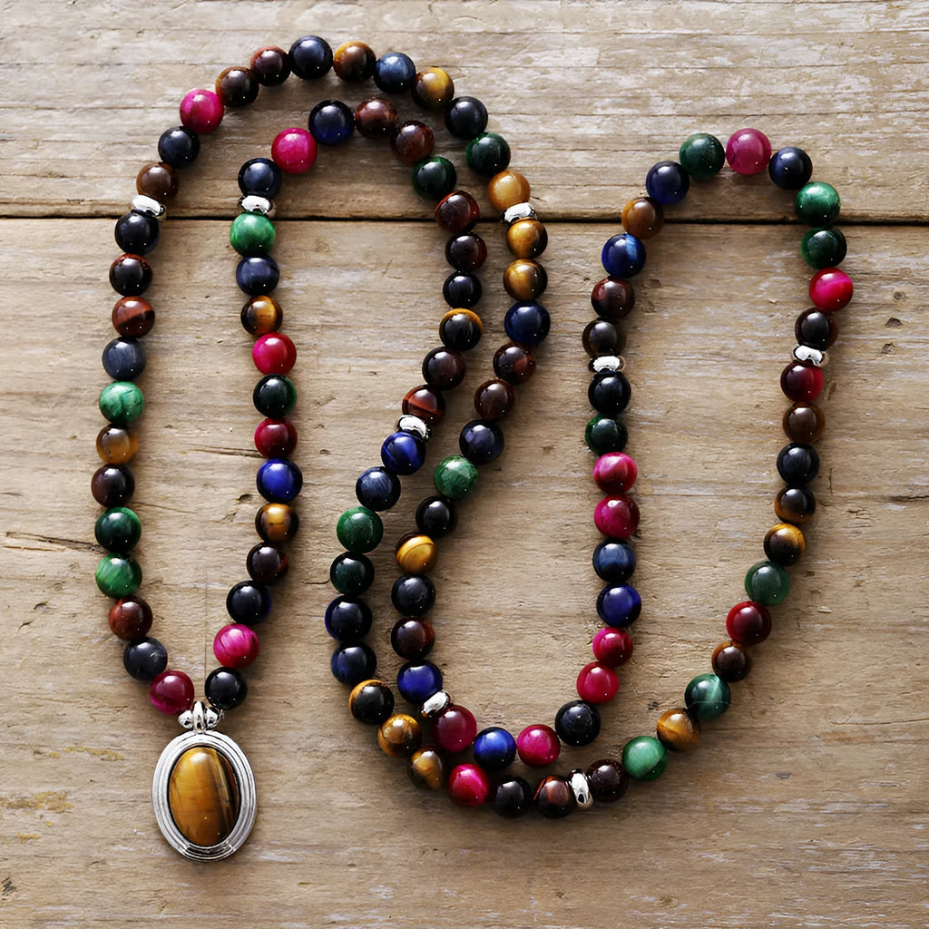 Natural stone 108 pendant meditation necklace with tiger-eye colour gemstones and symbolic designs