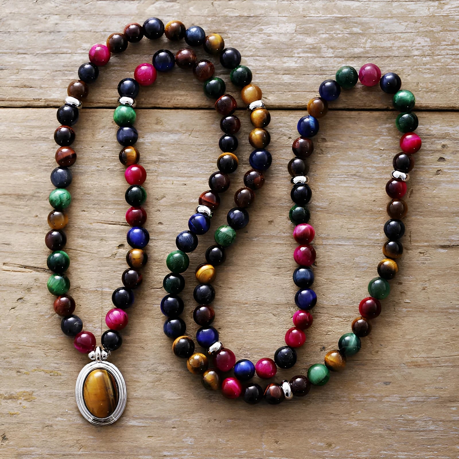 Natural stone 108 pendant meditation necklace with tiger-eye colour gemstones and symbolic designs