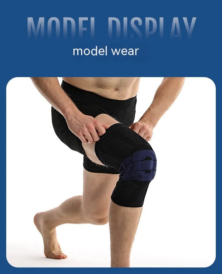 Adult sports knee pad in black and blue colour made from nylon and spandex material