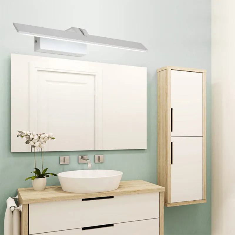 White frameless LED mirror headlight for bathroom vanity with tri-colour dimmable lighting.