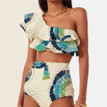 White women's one-shoulder swimsuit with lotus leaf design and side split detailing