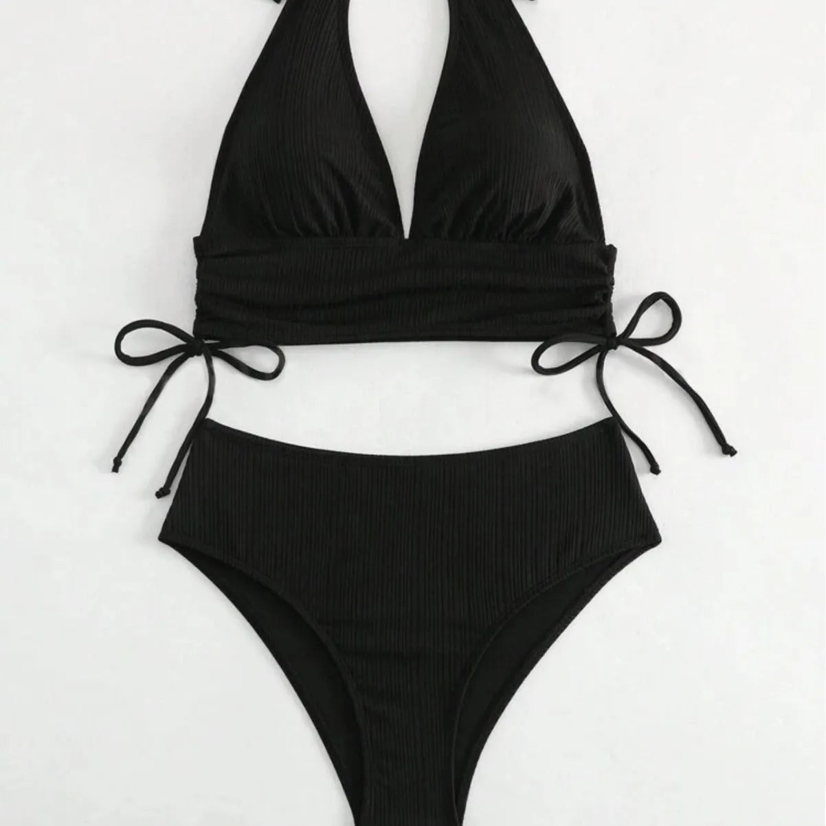 Women's black halter neck bikini set with lace-up detail on the top