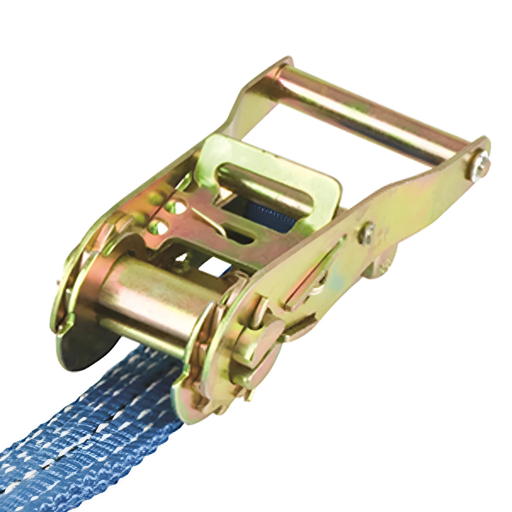 Steel ratchet tensioner with double hooks on a grey polyester fastening strap for cargo binding