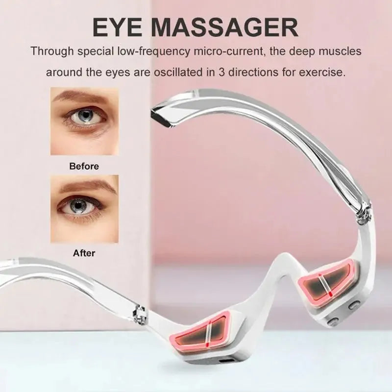 3D micro-current eye massager with glasses design on a pink background.