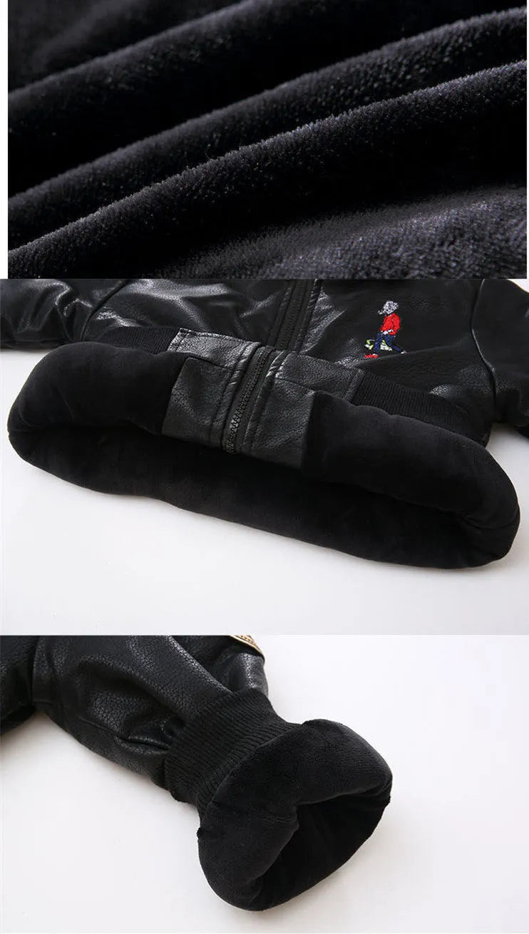 Black PU leather long-sleeved plus velvet jacket for boys with lapel collar and zipper closure, flat lay view