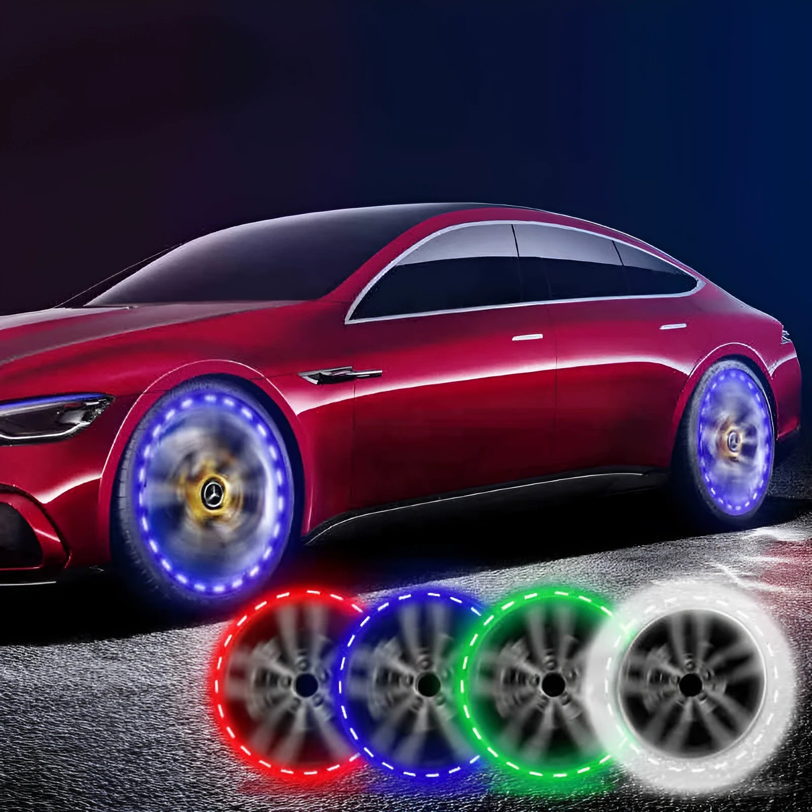 Colourful solar-powered LED decorative light for vehicle wheel hubs with multiple flash modes.