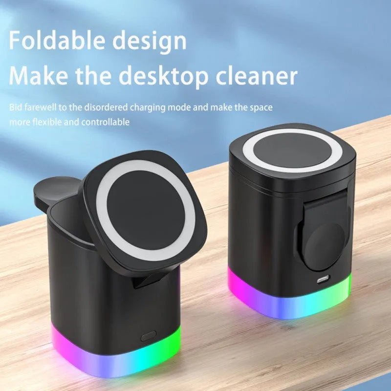 Black foldable 3-in-1 magnetic wireless charging station cube for iPhone, Apple Watch and AirPods