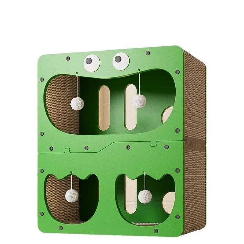 Double-layer cat scratching board and enclosed sleeping nest with a double-door entrance.