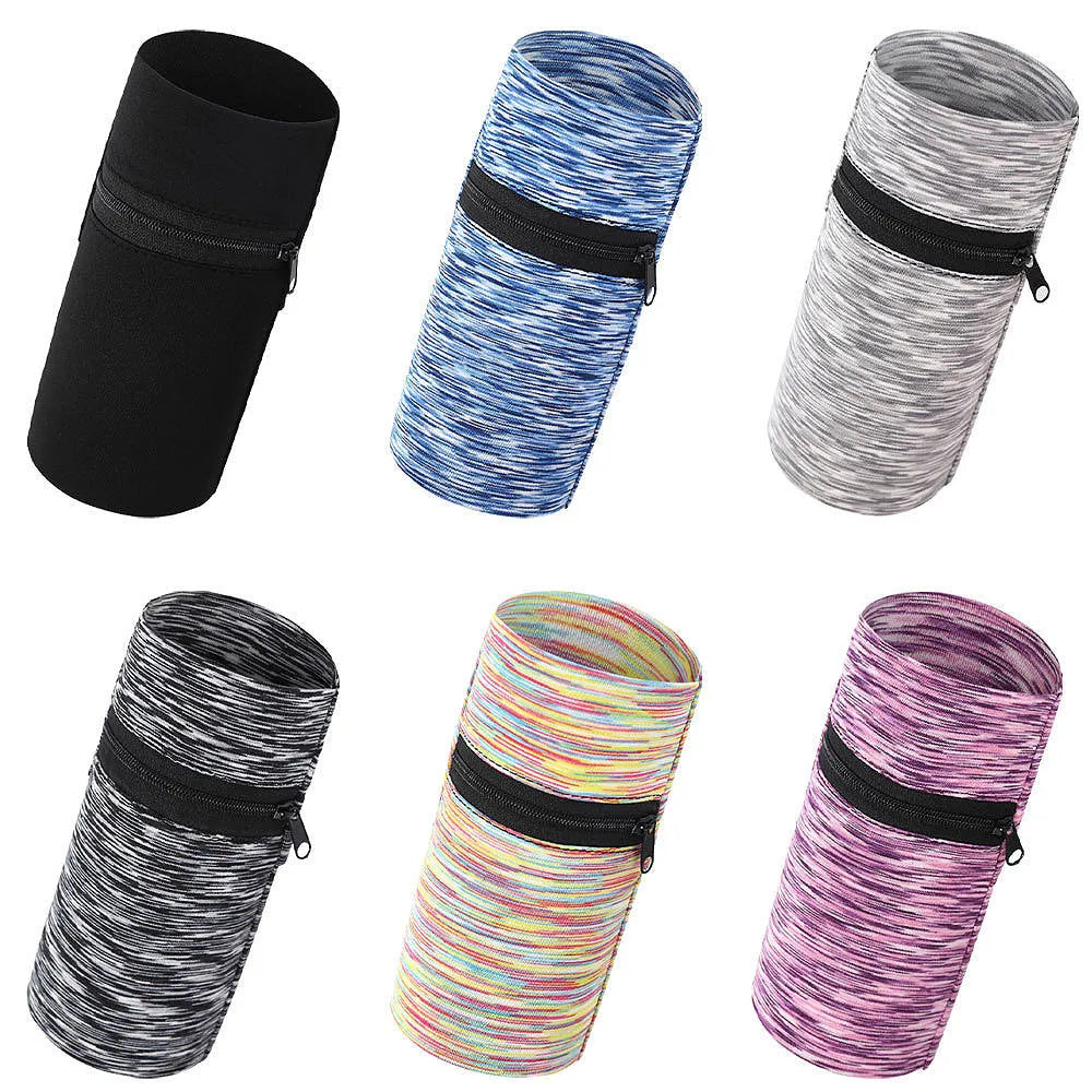 Polyester sports arm bag for mobile phones shown in multiple colours including striped patterns, worn on the arm.