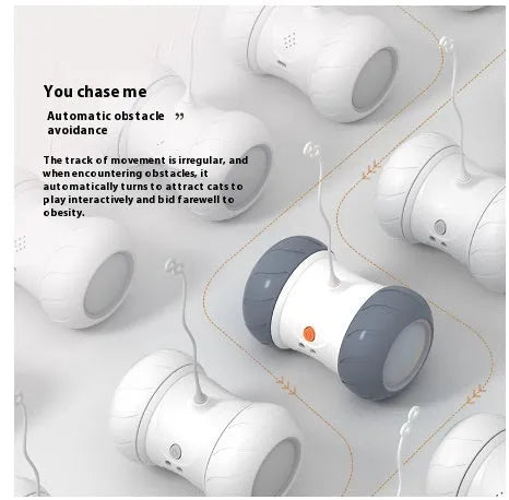 White light grey automatic electric roller tumbler cat toy on floor, ABS plastic construction