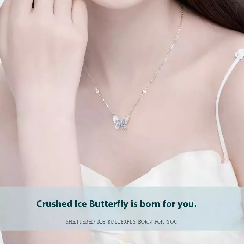 Bingyu Butterfly necklace in S925 silver with adjustable O-ring chain and detailed ice rain pendant.