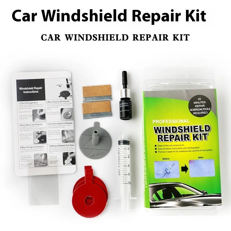 Car windshield repairing liquid resin suit green kit with curing lamp and yellow bracket bag in OPP packaging