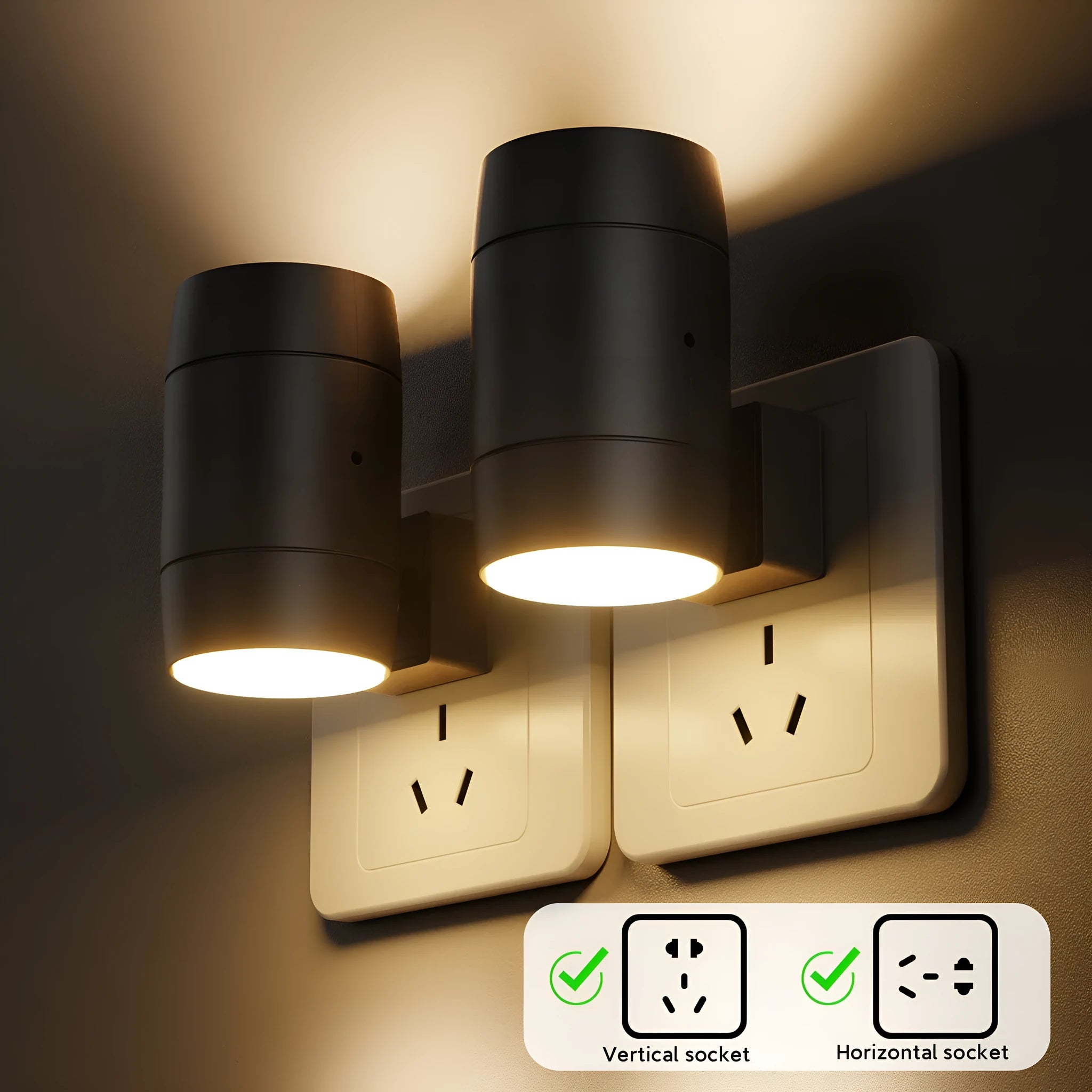 Small white induction night lamp with adjustable brightness and rotatable light head plugged into wall socket