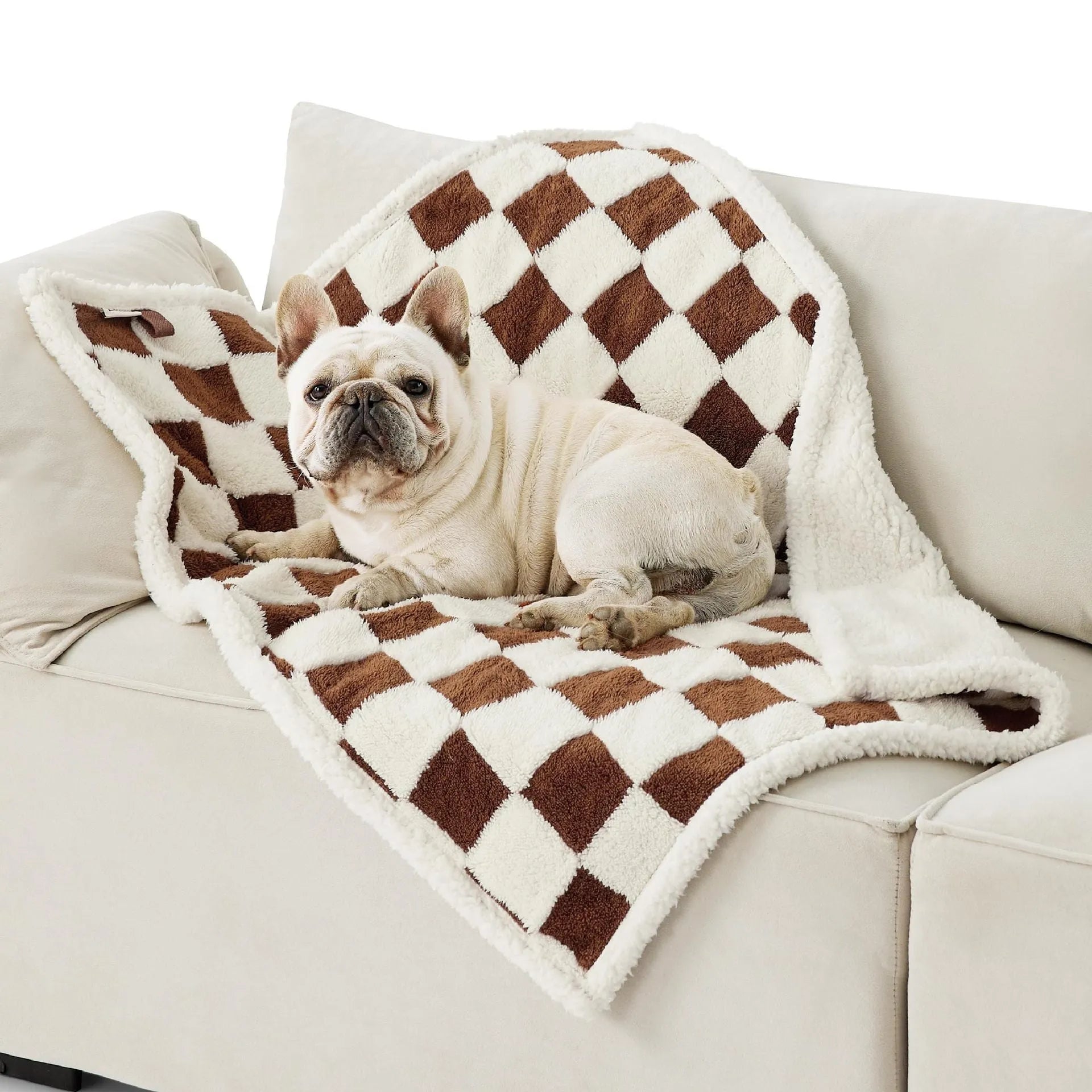 Waterproof dog blanket in blue sky white clouds pattern showing size options