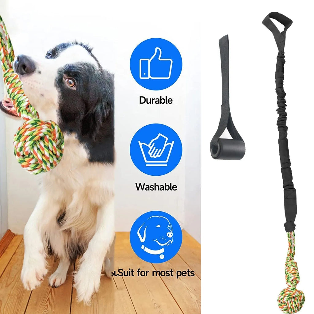 Long black cotton rope dog tug toy for chewing and interactive play.