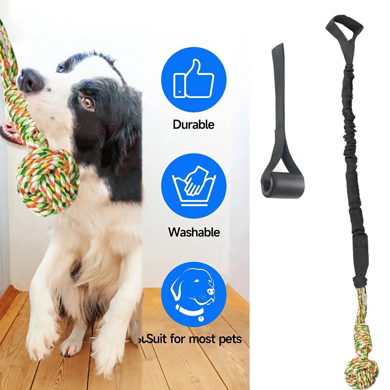 Long black cotton rope dog tug toy for chewing and interactive play.
