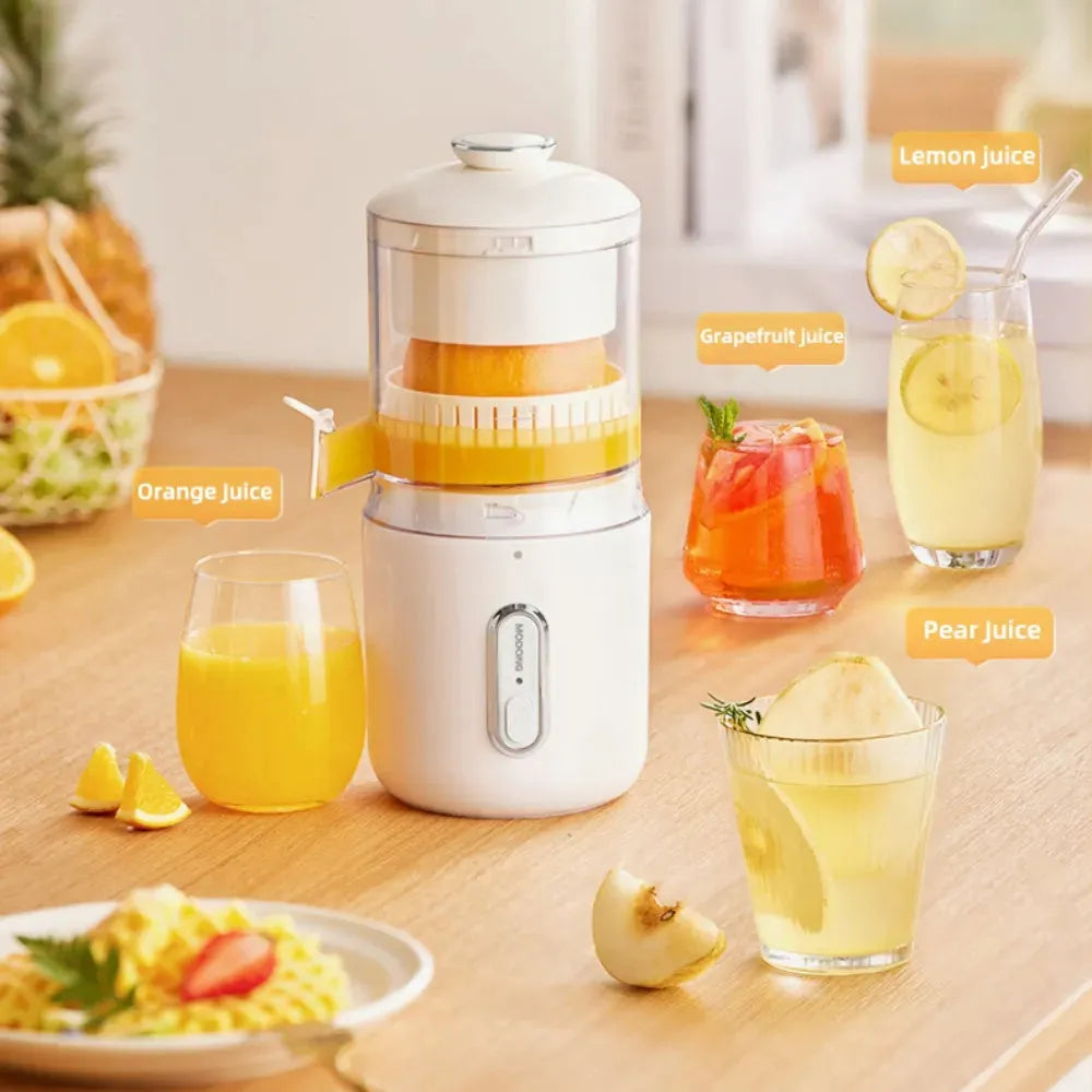 Fresh green wireless portable electric juicer with USB charging cable on a kitchen counter.