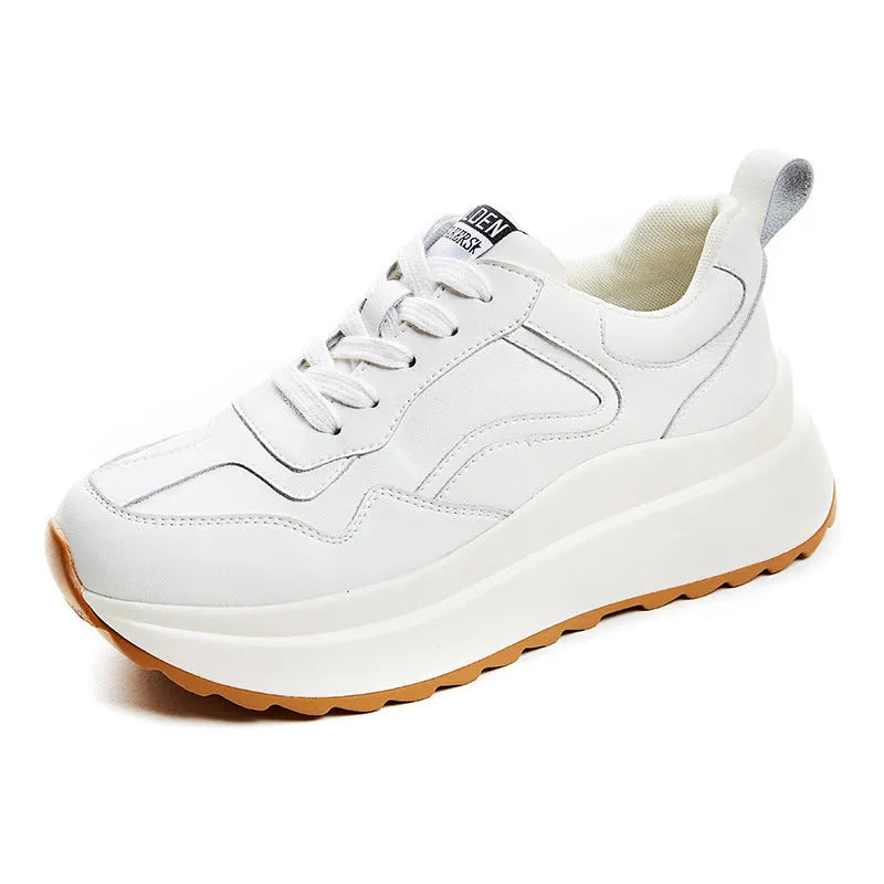 Women's white cowhide leather casual sports shoes with cross strap and round toe design