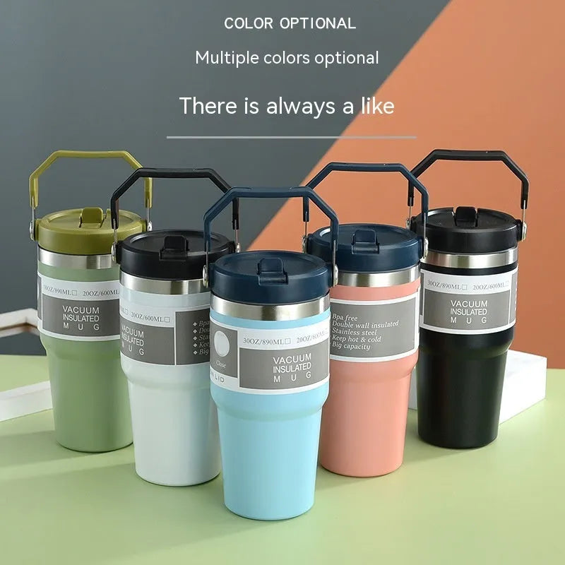 30oz stainless steel insulated travel cup with handle and sliding lid in multiple colour options