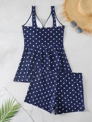 Blue polka dot print women's swimsuit with skirted bikini design, plus size