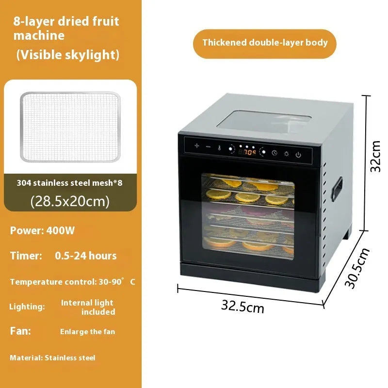 Stainless steel fruit dehydrator with visual skylight window and multiple drying trays