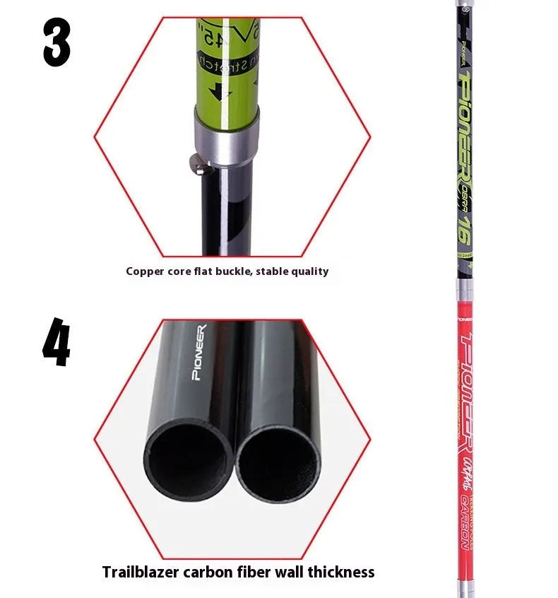 Carbon fibre folding climbing cane with tungsten steel tip in matte black colour, shown in extended and folded positions