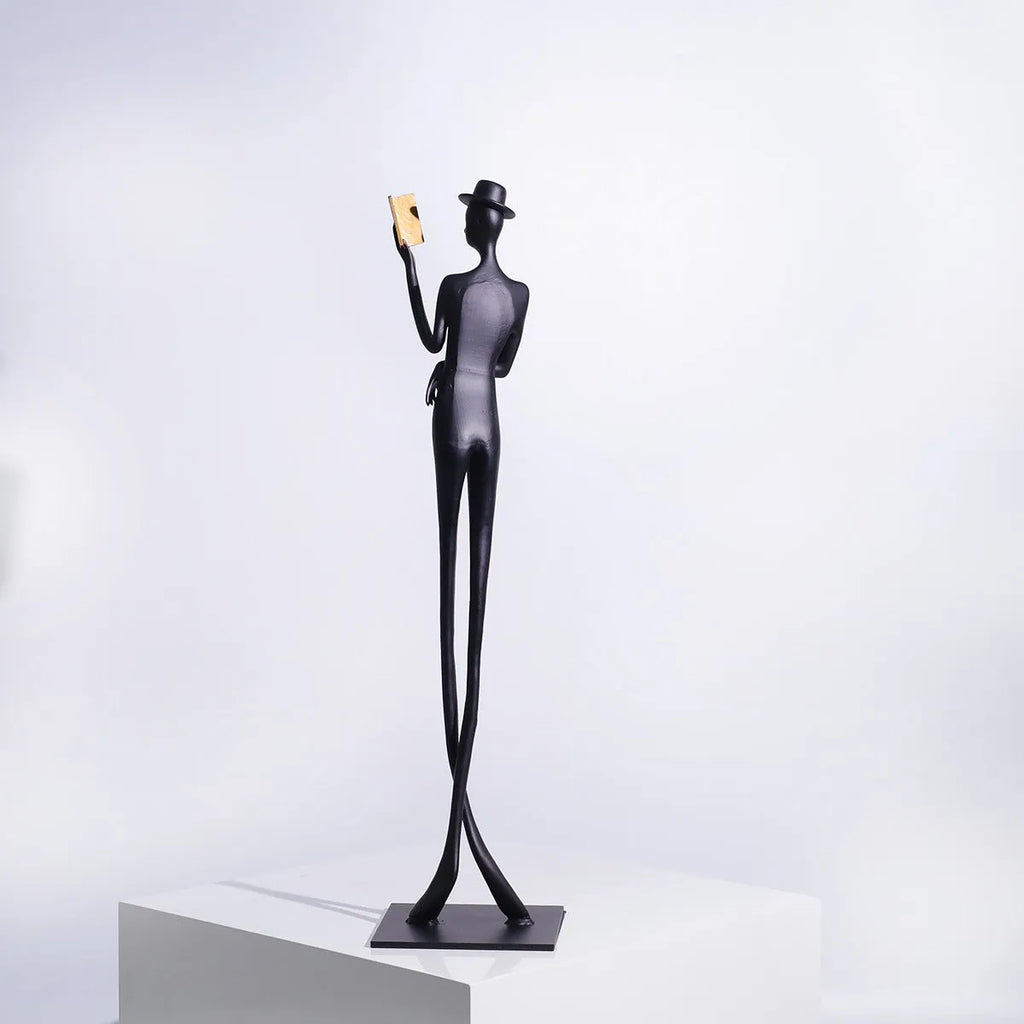 Black aluminium reading woman desktop sculpture modern minimalist design