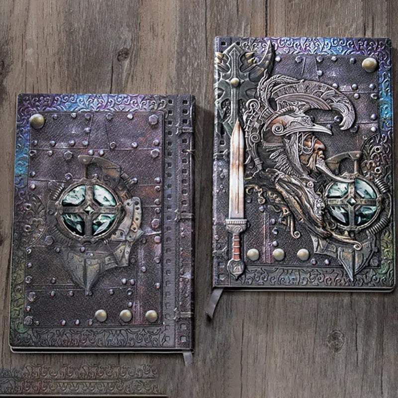 Leather A5 notebook with embossed 3D warriors relief design, open to show inner pages.