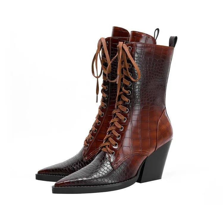 Dark brown women's pointed toe ankle boots with a chunky heel and side zip.