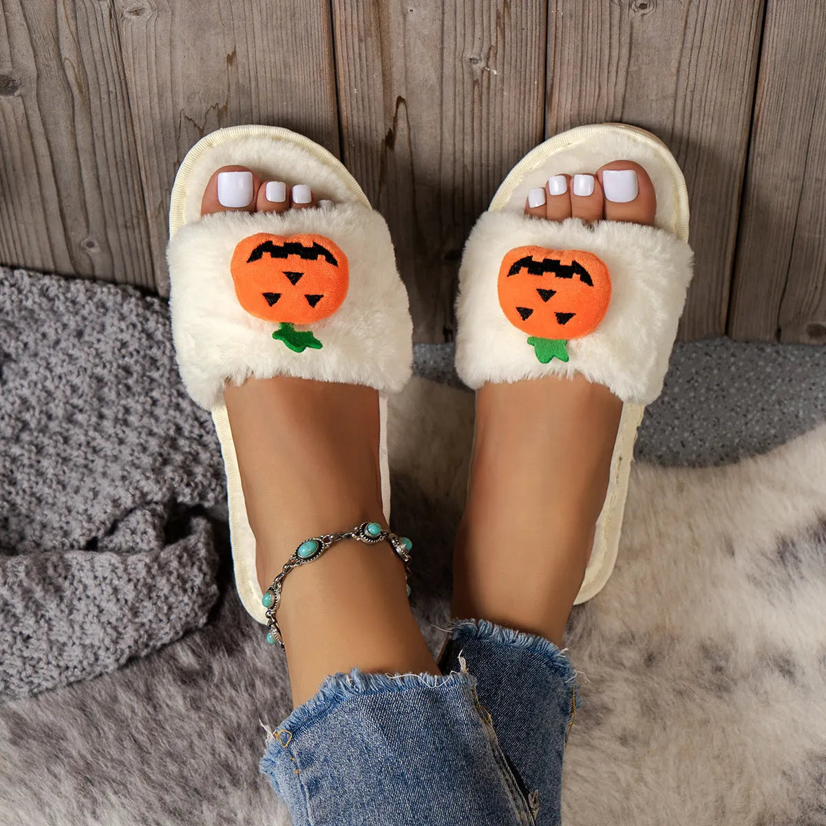 Yellow and white pumpkin cartoon plush open-toe slippers with anti-slip soles